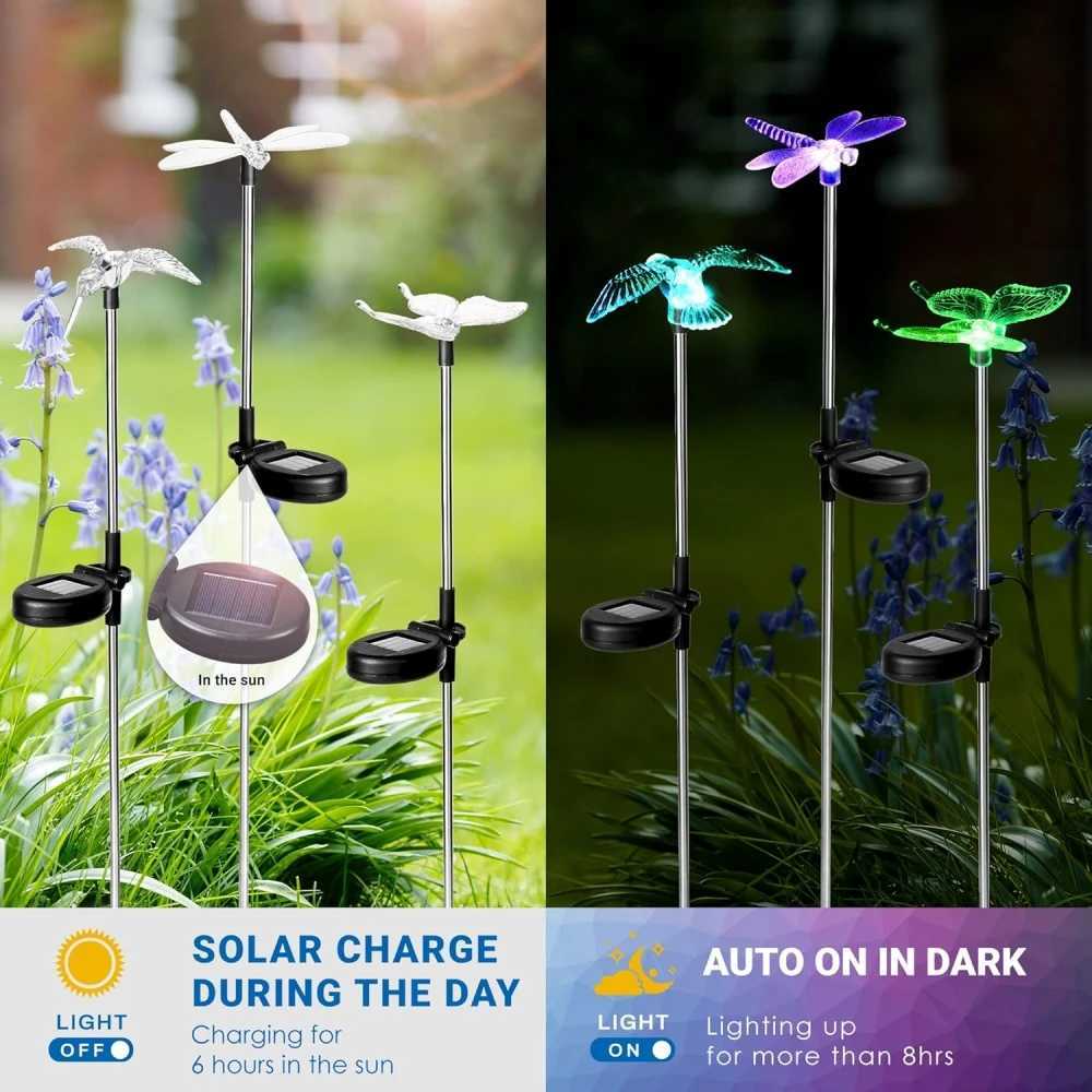 3pcs Solar Garden Stake Light Outdoor Decorations Dragonfly Hummingbird Butterfly LED Lamp Patio Path Decor W250607