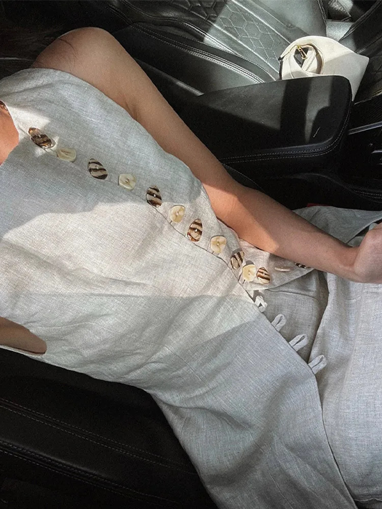 Cotton Linen Vest Mini Skirts Suits Women O Neck Single Breasted Lace Up Sets Female 2025 Spring Soft Solid Sets 2 Pieces 250605