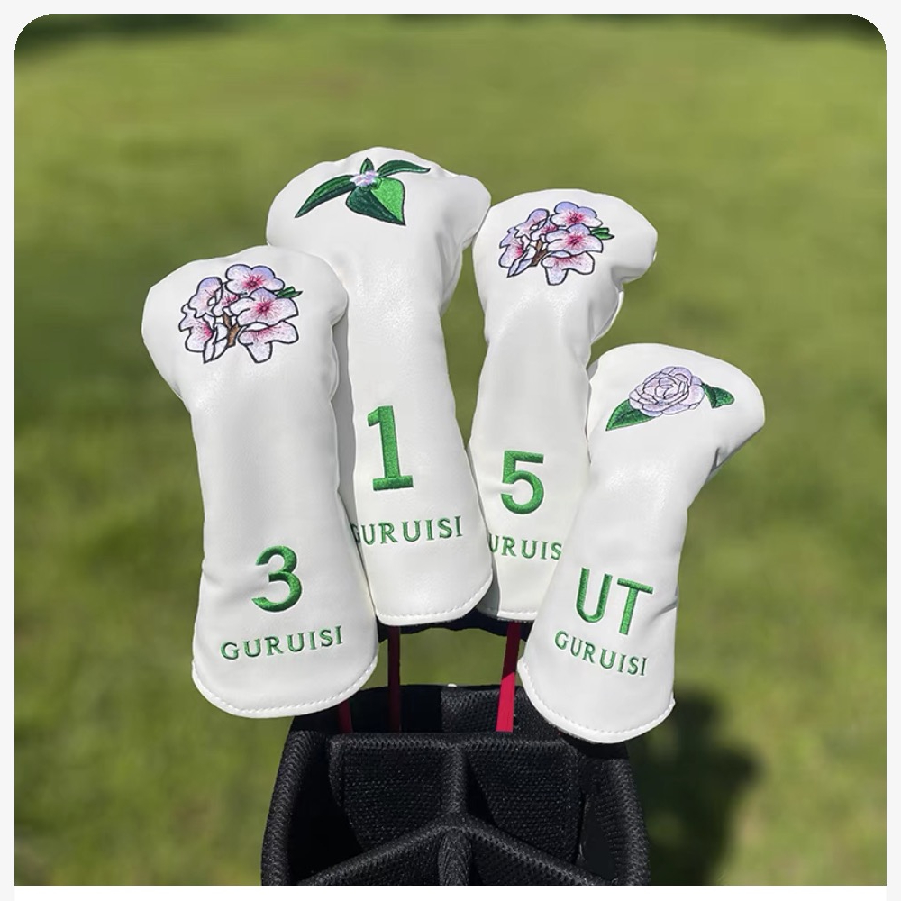 Golf Club Headcovers Wood Head covers Flower Design Driver Fairway Hybrid Woods Headcover Red PU Premium Leather Head