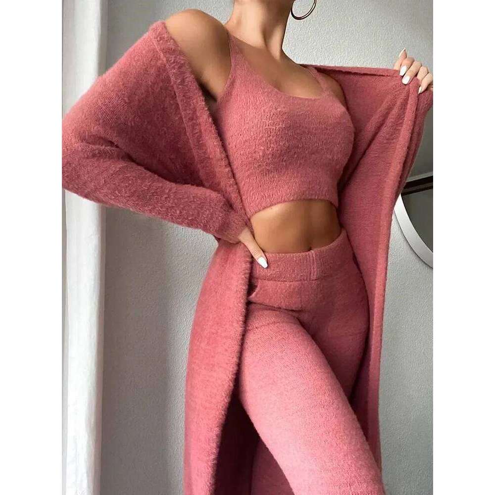 Autumn Winter Women's New Sexy V-neck Plush Short Sleeveless Vest Waist Exposed Pants Long Coat 3-piece Set For Women