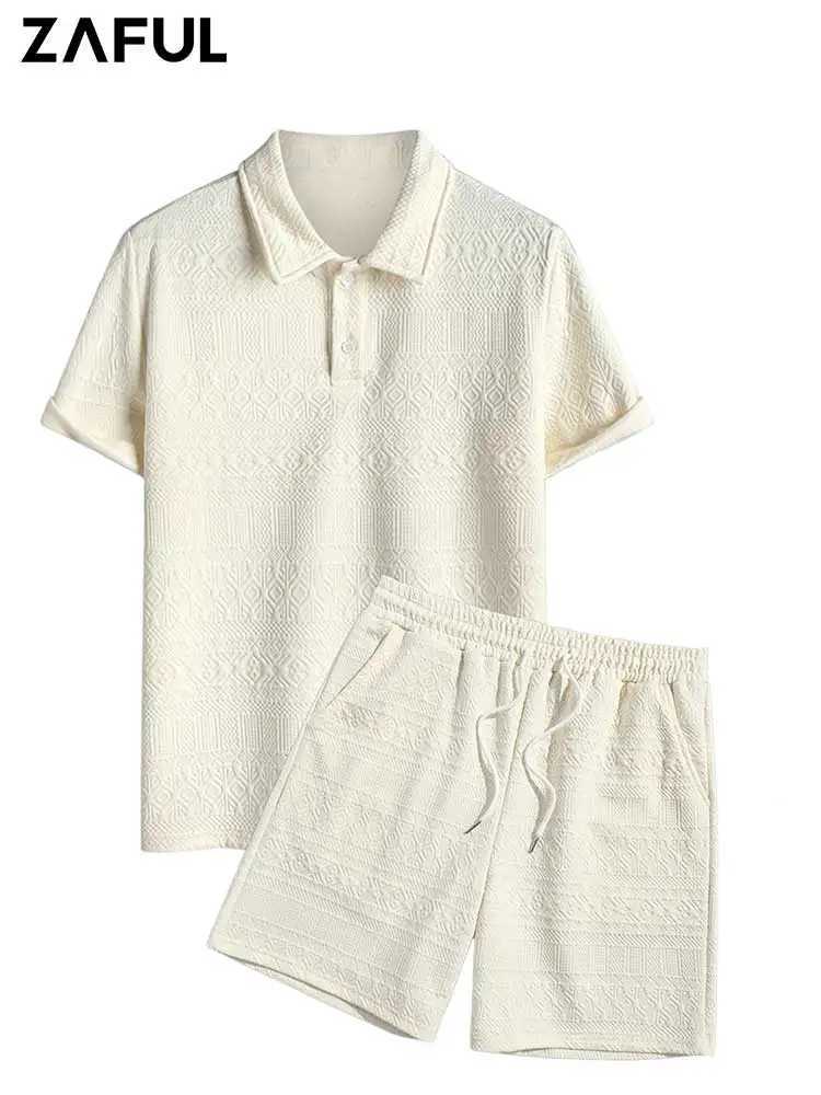 ZAFUL Tracksuit for Men Geometric Retro Jacquard Quarter Button Short Sleeves Polo Shirt with Shorts Two Pieces Set Z5096720 W250609
