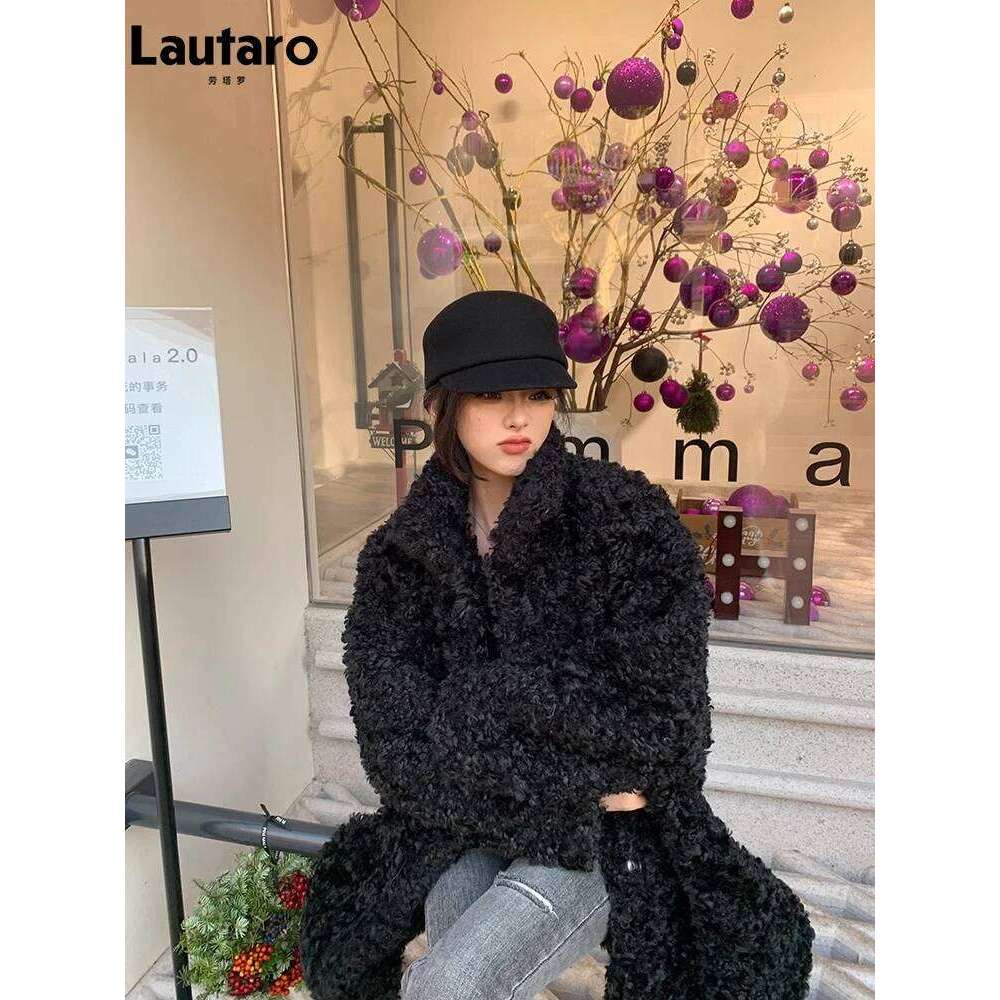 Lautaro Winter Long Loose Casual Soft Thick Warm Fluffy Black Faux Fur Coat Women Stand Collar Hairy Furry Fuzzy Overcoat 2023