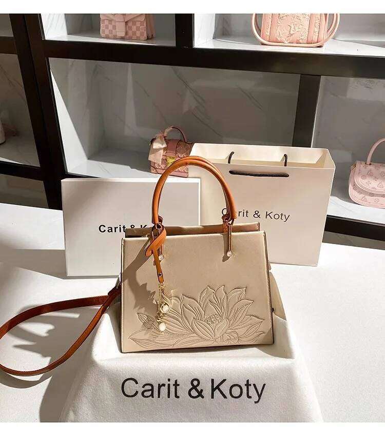 High Quality Fashion Embroidery Women Handbag Textured Leather Square Large Cpacity Casual Tote Shoulder Messenger Bag