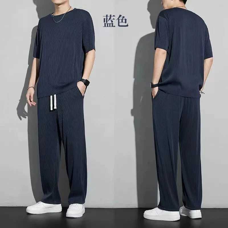 Ice Silk Sports Suit Mens Summer Thin Casual Long Trousers Short-sleeved T-shirt Ins Quick-drying Drooping Clothes Set W250609