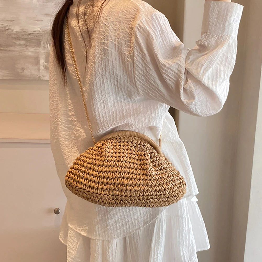 y ner Straw Shoulder Bag for Women Woven Crochet Handbag Purse Rattan Chain Crossbody Raffia Vacation 250605