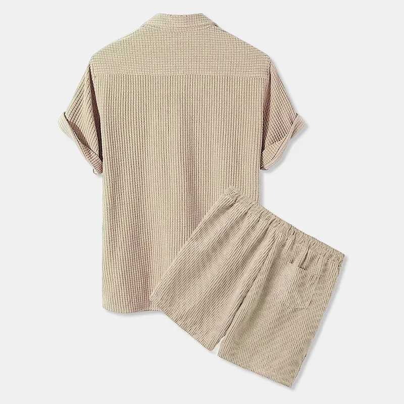 Men Sets Casual Loose Waffle Corduroy Short Sleeve Suit Casual Two Piece Set Summer Solid Color Top and Shorts W250609