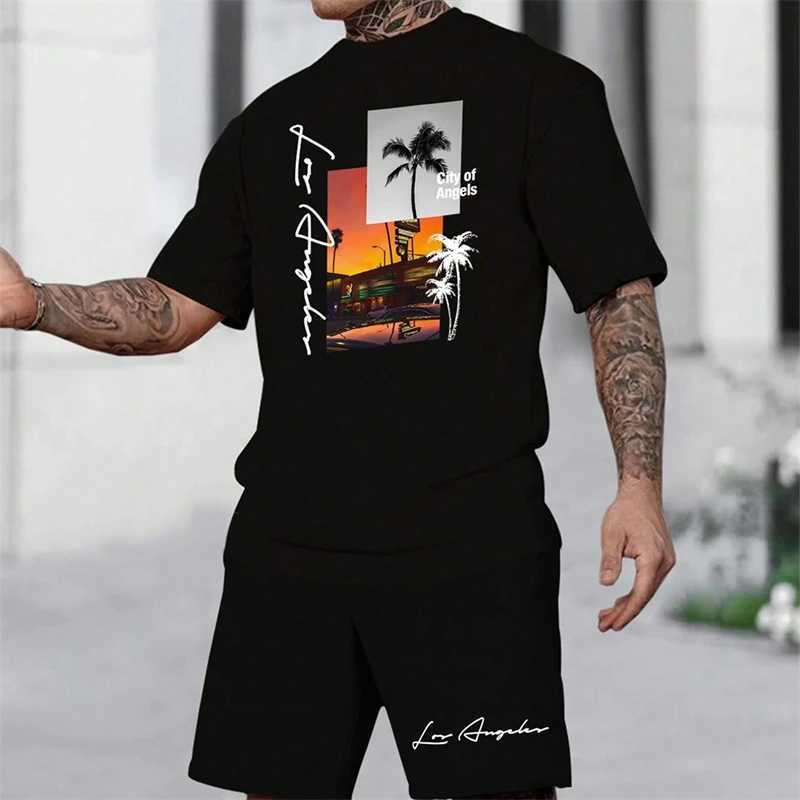 Summer New Mens Short-sleeved Hawaiian Print Two-piece Beach Vacation Breathable Short-sleeved With Drawstring Loose Shorts W250609
