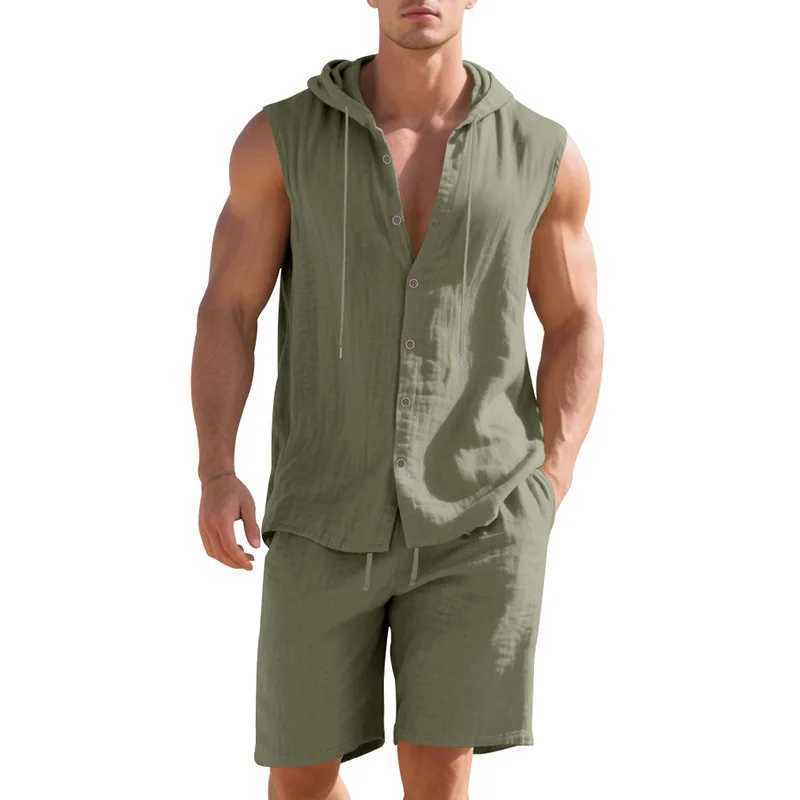 2025 Summer European and American Men Leisure Set Loose Linen Leisure Simple Hooded Sleeveless Shirt Shorts Two-Piece Suit W250609