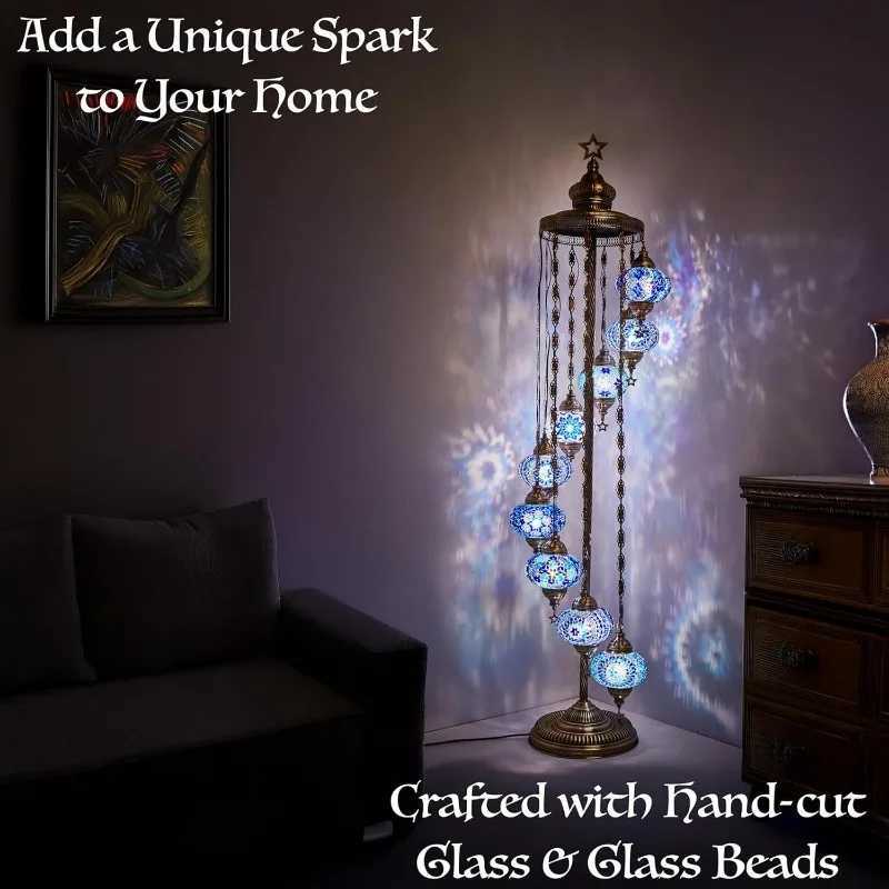 9-Globe Turkish Moroccan Mosaic Floor Lamp - 70 Tall Handmade Bohemian Tiffany-Style Lighting for Bedroom Living Room W250607