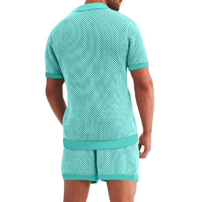 2-Piece Summer Outfit for Men - Breathable Mesh Shirt with Lapel Collar and Button Details Matching Semi-Transparent Shorts with W250609