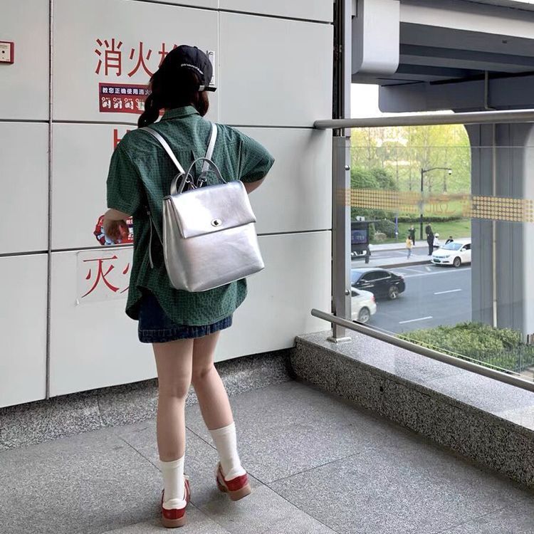 designer Niche High-End Silver Backpack Student Large Capacity Soft Leather School Bag Korean Style Versatile Fashion Shoulder Bag