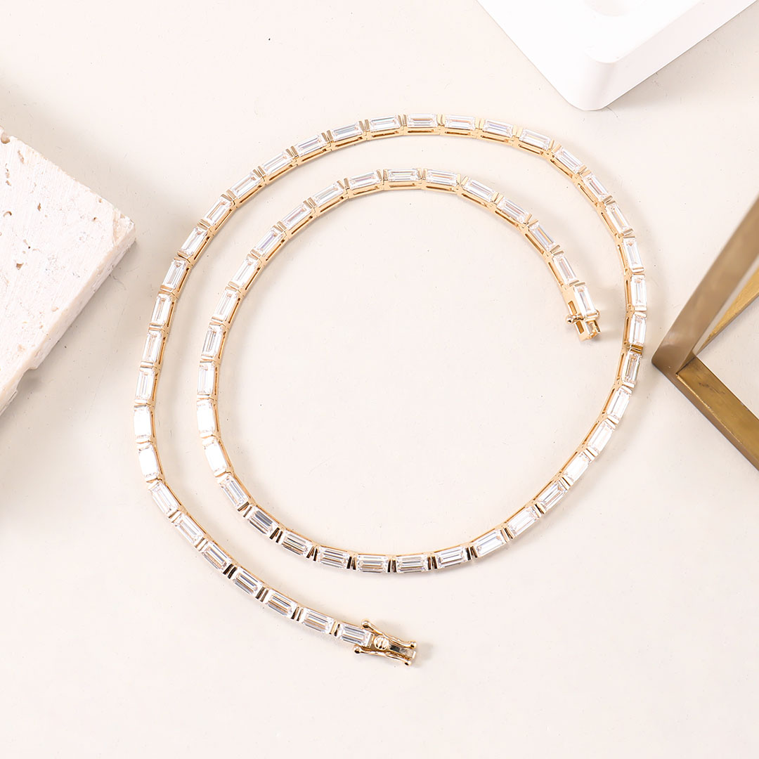 Provence Jewelry Custom Fashion Female Gift Jewelry 2.5mm Solid14K Yellow Gold DEF VVS Lab Grown Diamond Baguette Tennis Necklace for Valentine's