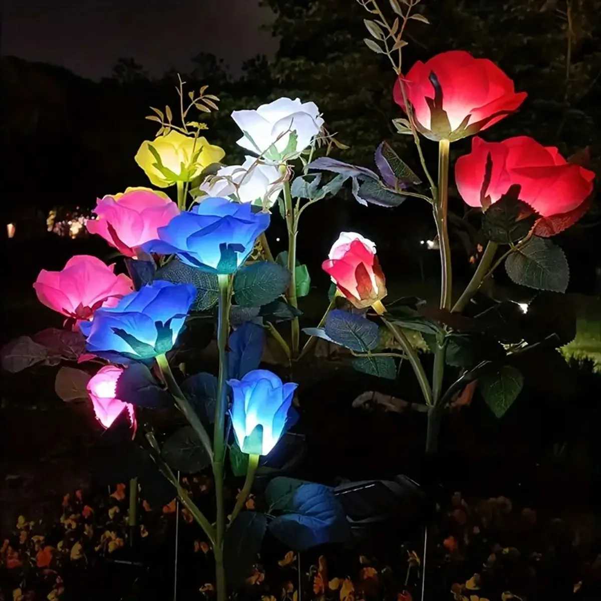 1pcs Outdoor Waterproof Solar Rose Lights with 3 Realistic Lighted Flower Heads Garden Decorative Lamp For Home Patio Decoration XJ250606