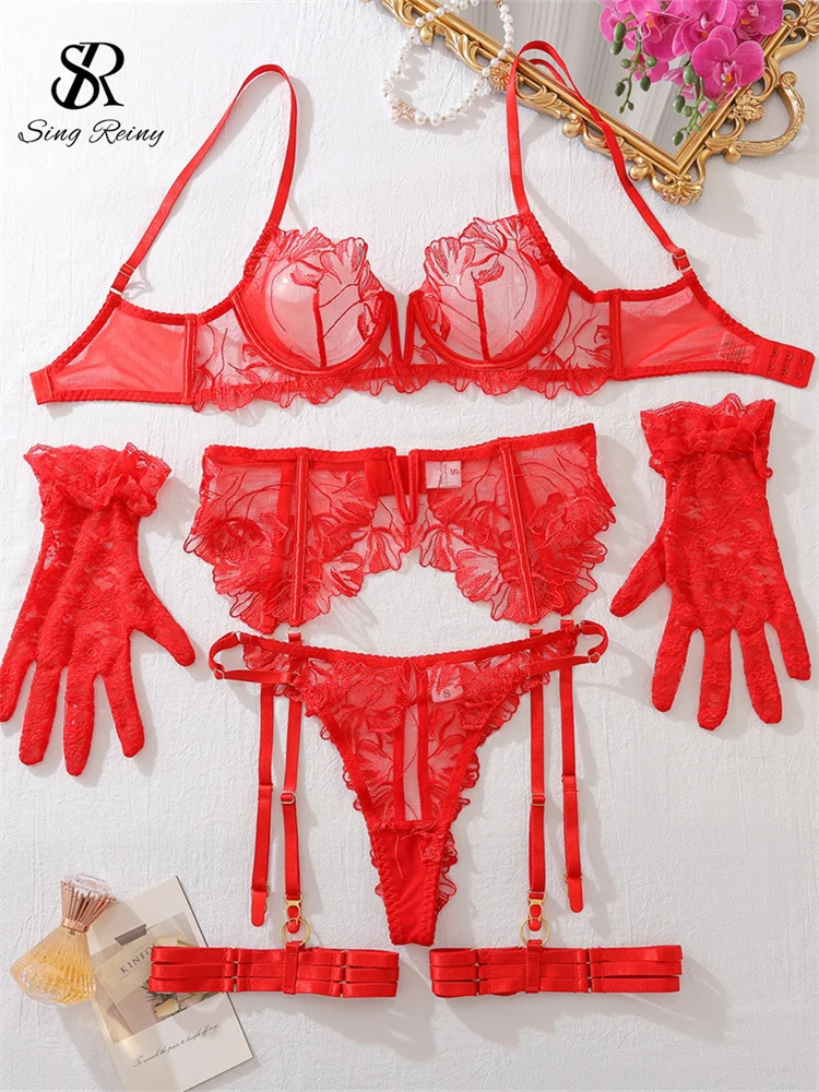 SINGREINY Sensual Lace Hollow Out Bra Brief Sets Fashion Straps Garter Slim Underwear Ladies Erotic Sheer Lingerie 5 Pieces Sets 250603