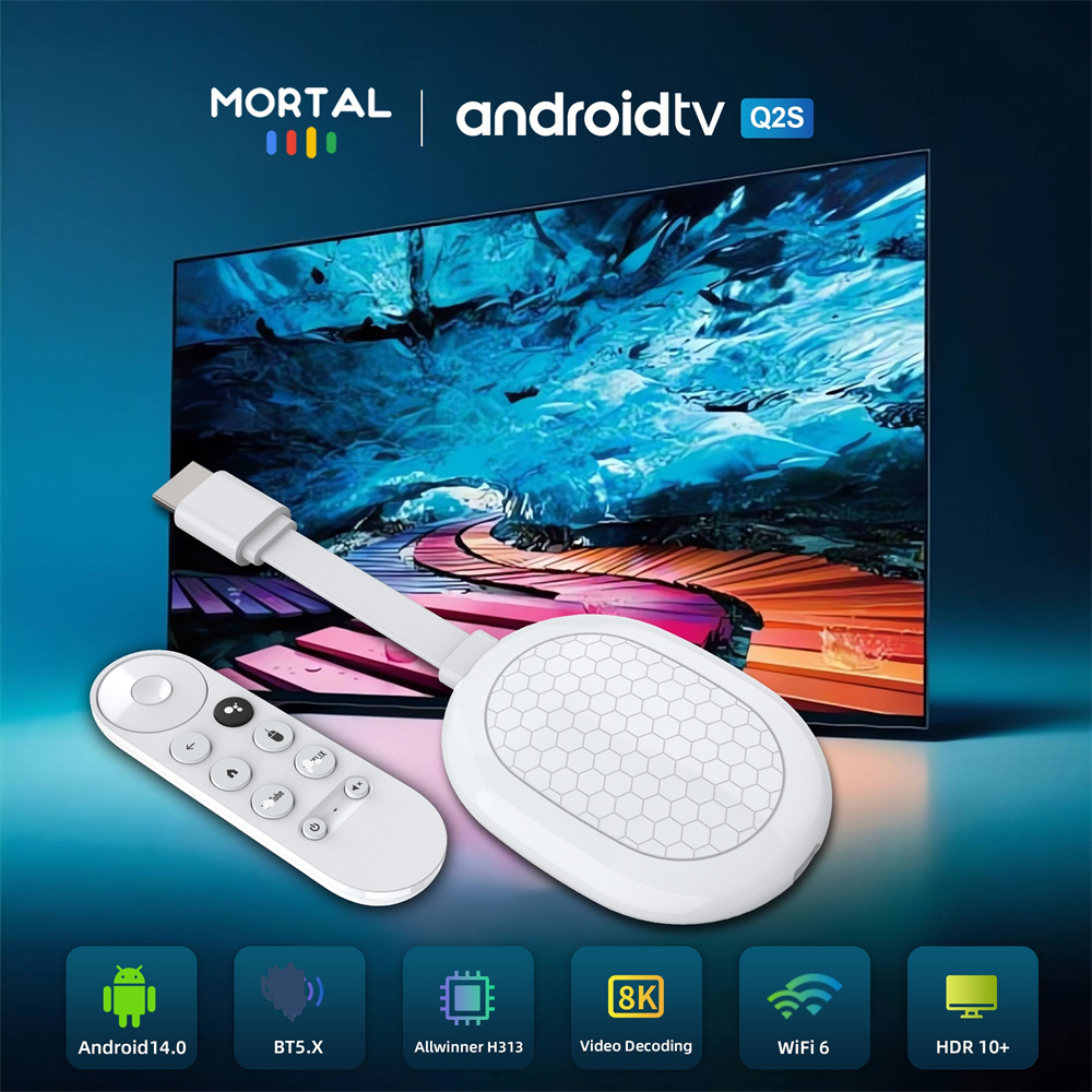Mortal High Performance Wireless HD Android 14 Smart Home TV Stick Q2S AllWinner H313 Wifi6 BT5.X Voice Remote Control TV Box