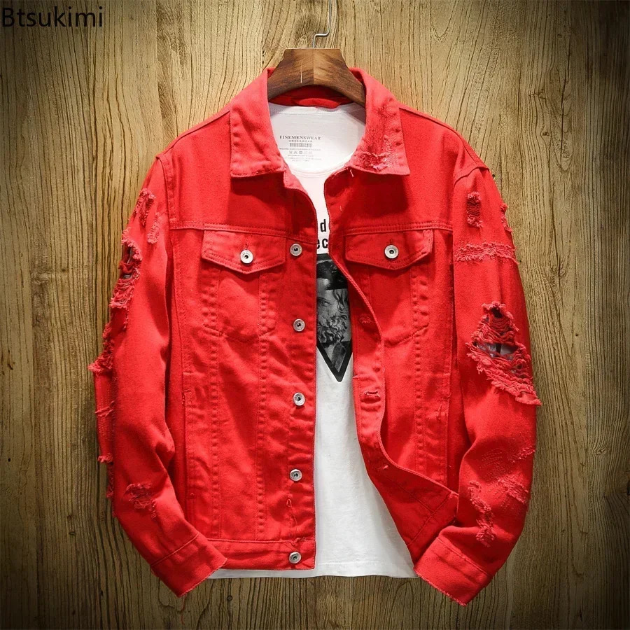 2025 Mens Fashion Jeans Jacket Solid Spring Autumn Cotton Denim Men Red White Black Pink Ripped Hole Jean Coats Male 250530