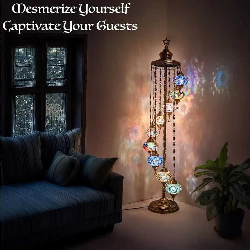 9-Globe Turkish Moroccan Mosaic Floor Lamp - 70 Tall Handmade Bohemian Tiffany-Style Lighting for Bedroom Living Room W250607