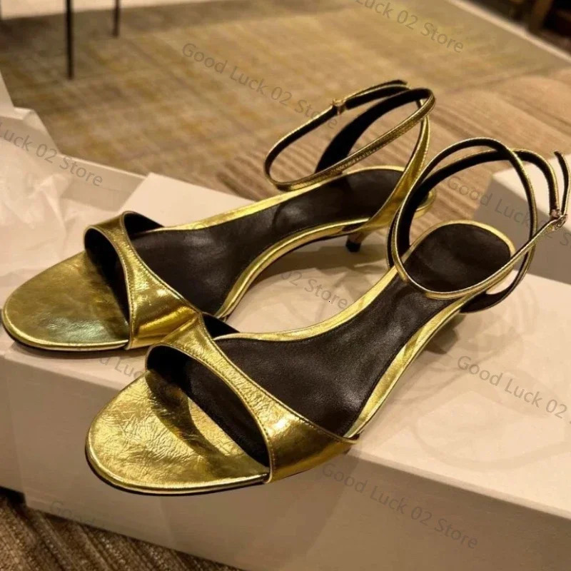 Sexy Gold Kitten Heel Sandals Women Summer Open Toe Ankle Strap Dress Slide Shoes Elegant Wedding Bridal Shoes Pumps for Ladies 250605