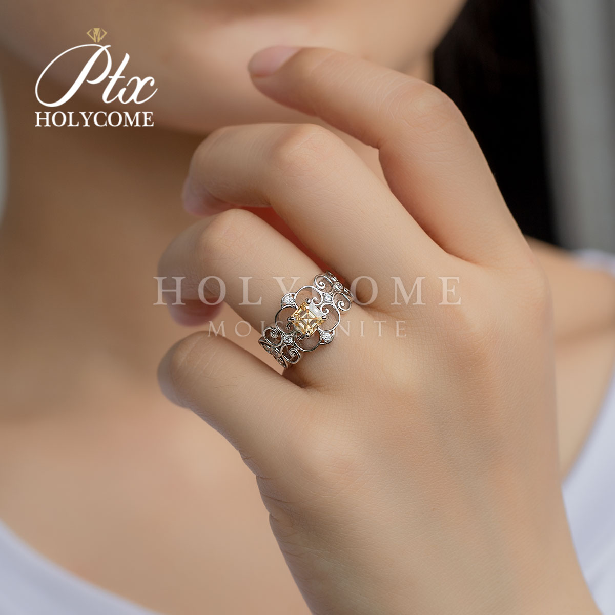 Wholesale New European 925 Sterling Silver Rings Genuine Engraved Fit for Women 1CT Champagne Moissanite Engagement Ring for Party