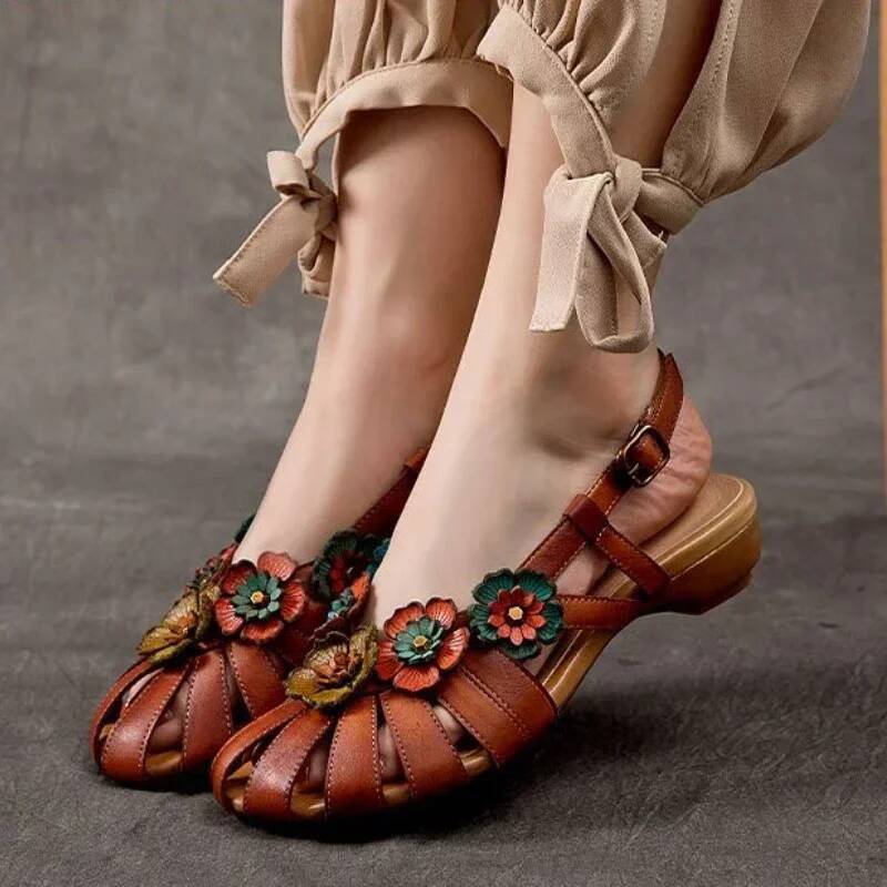 Ddmyoutdoor Retro Women Rome Sandals Flower Buckle Design Soft Leather Platform Sandal Casual Fashion Mom Shoes Sandalias Mujer Outdoor Shoes