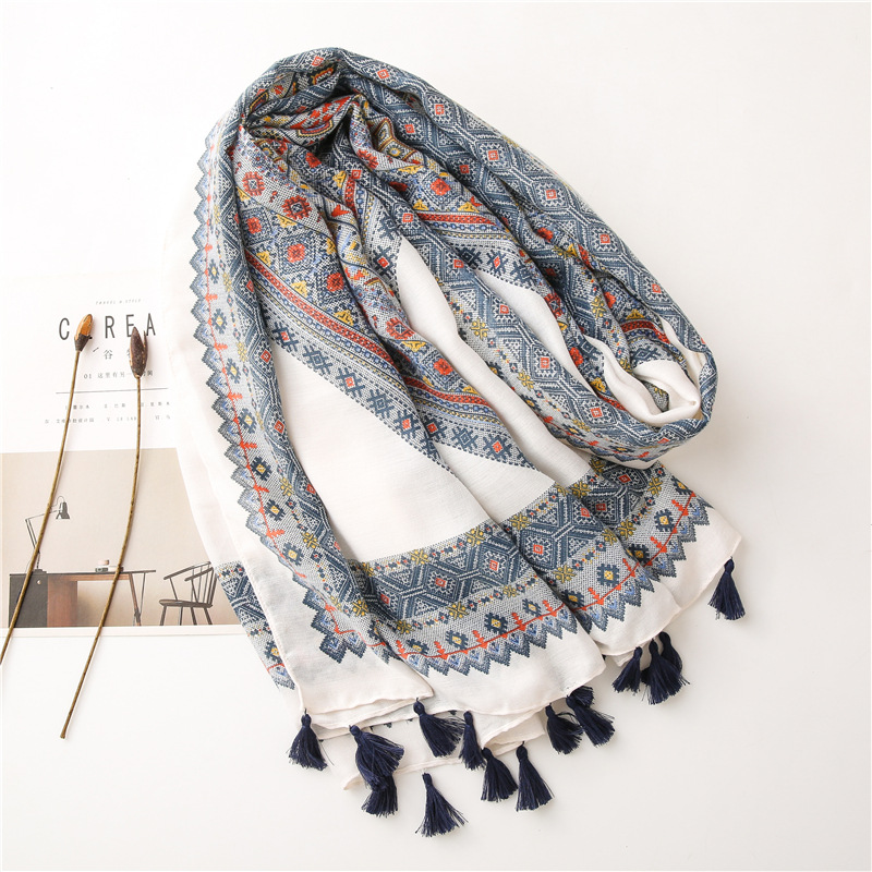 K948 Korean women's new diamond plaid literary style square printed cotton and linen soft long silk scarf sunshade shawl
