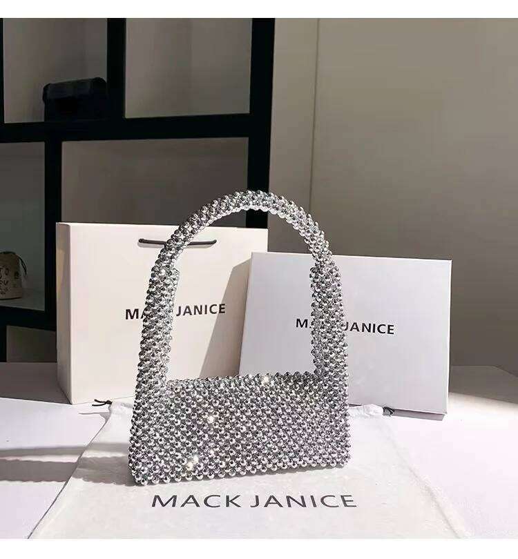 Glitter Shiny Acrylic Beads Beading Woven Handmade Evening Women's Handbag Wedding Party Clutch Purse Shoulder Underarm Bag