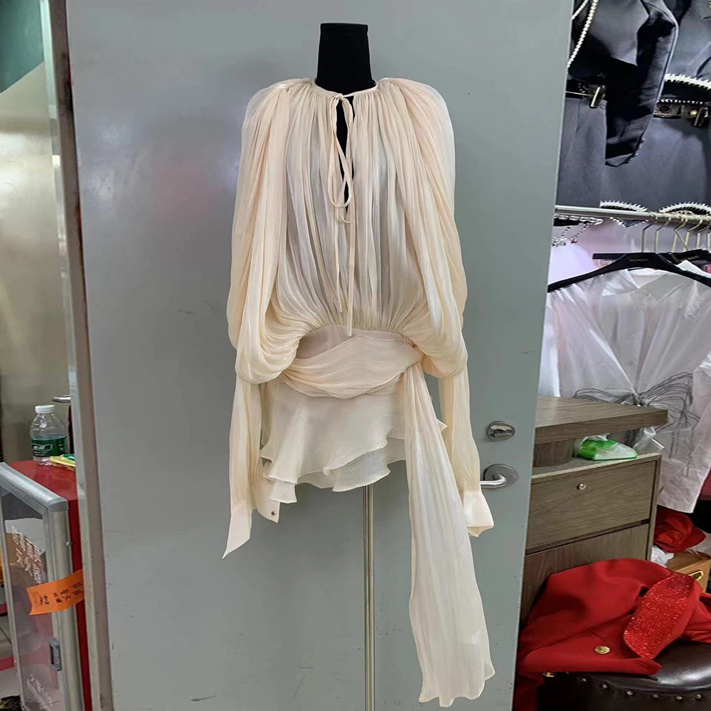 VGH Minimalist Solid Loose Short Dresses For Women Round Neck Long Sleeve High Waist Spliced Lace Up Chic Dress Female Fashion 250526