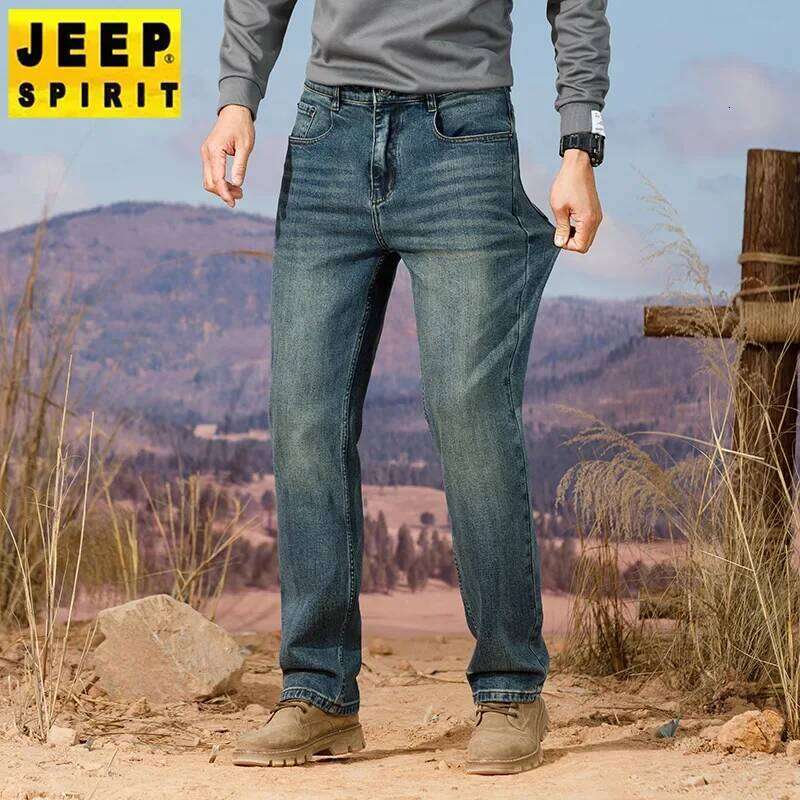 Autumn/Winter New Men's Vintage Straight-Leg Jeans Loose Fit Embroidered Mid-Waist Elasticity Casual Style Lantern Waistband