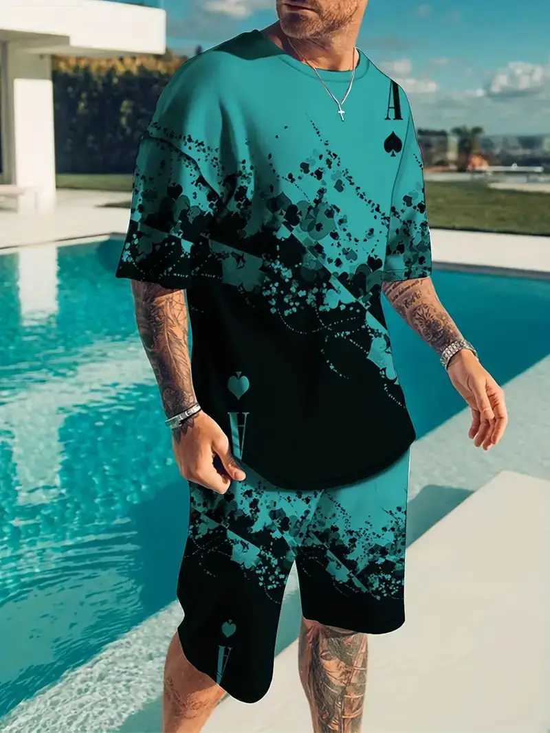 Creative Playing Card Pattern Men Clothing 2-piece Sets 3D Print Summer Casual T Shirt+Shorts Suit Street Short Sleeve Sportswear W250609
