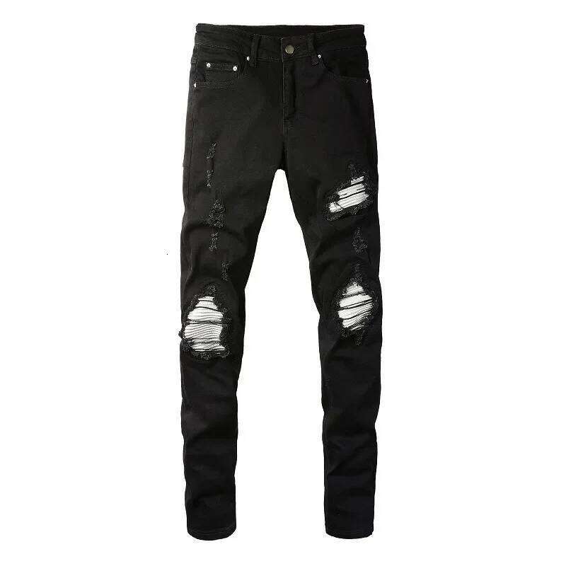 Trendy High Street Ripped Sier Patch Stretch-trim High-street Small-foot Jeans Men