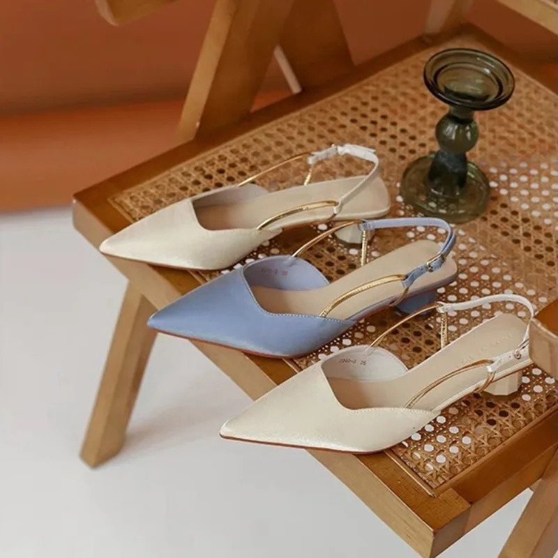 French Satin Style Sandals Spring Women Baotou Mid Heel Pointed Versatile Single Shoes 250605