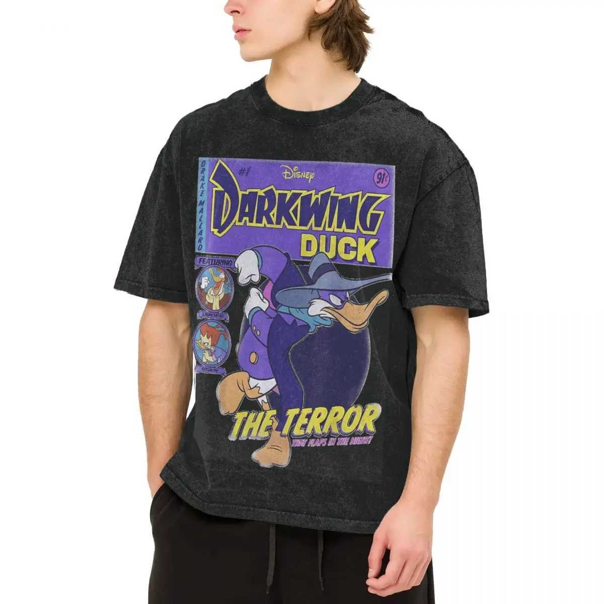 Mens T-Shirt Darkwing Duck The Terror Washed T-Shirts Leisure Summer Tees Y2K Retro Pattern Cotton Tops Hot Sale W250607