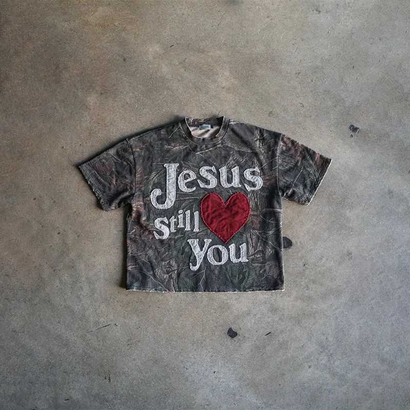 2025 Fashion Vintage Still Loves You Letter Embroidery Camo Short Sleeve T Shirt Y2K Harajuku Gothic Men Women Punk Streetwear W250607