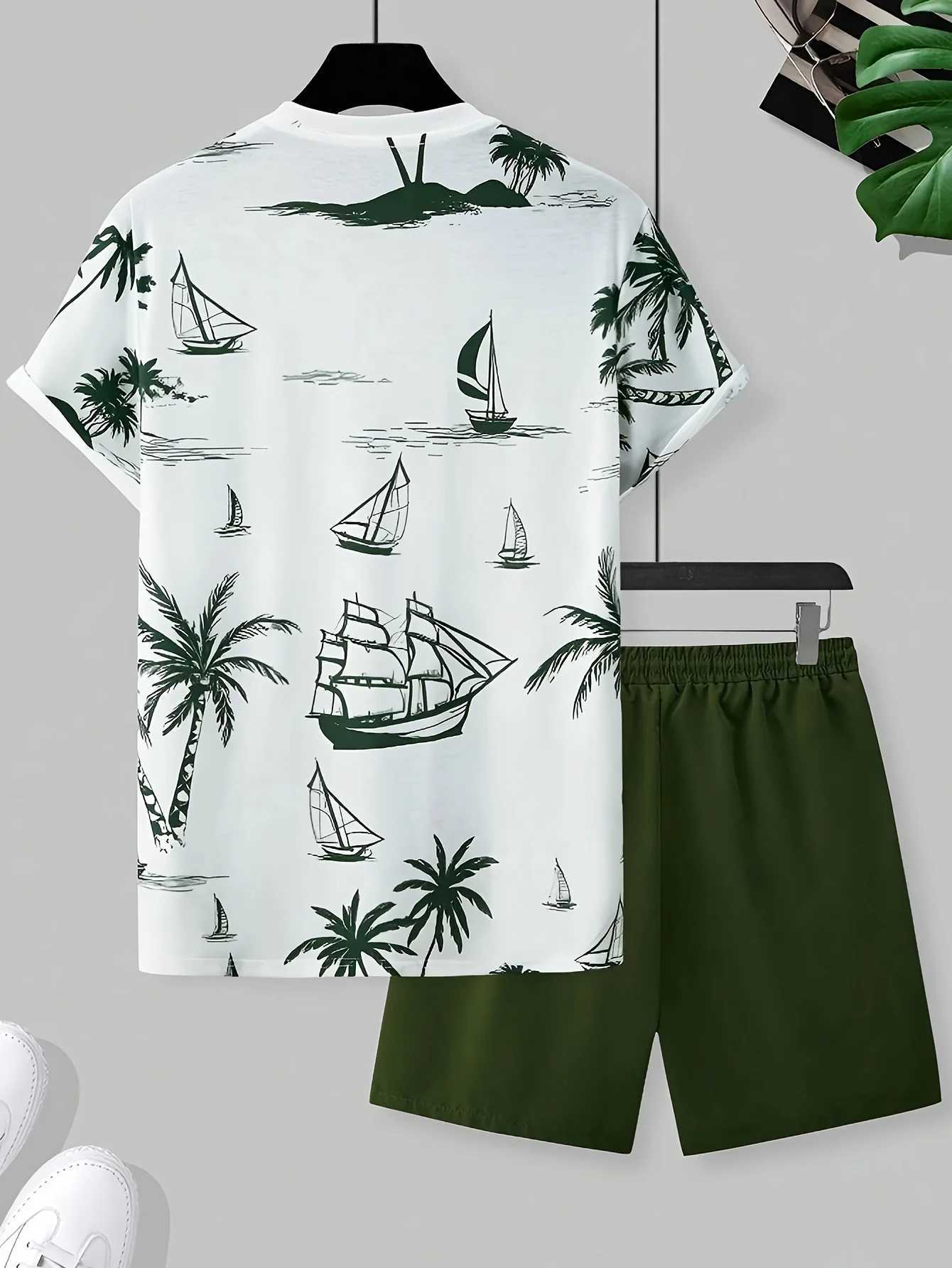Summer Casual Daily Mens Short Sleeve Shorts Set Hawaiian Printed Mens T-Shirt Outdoor Sports W250609