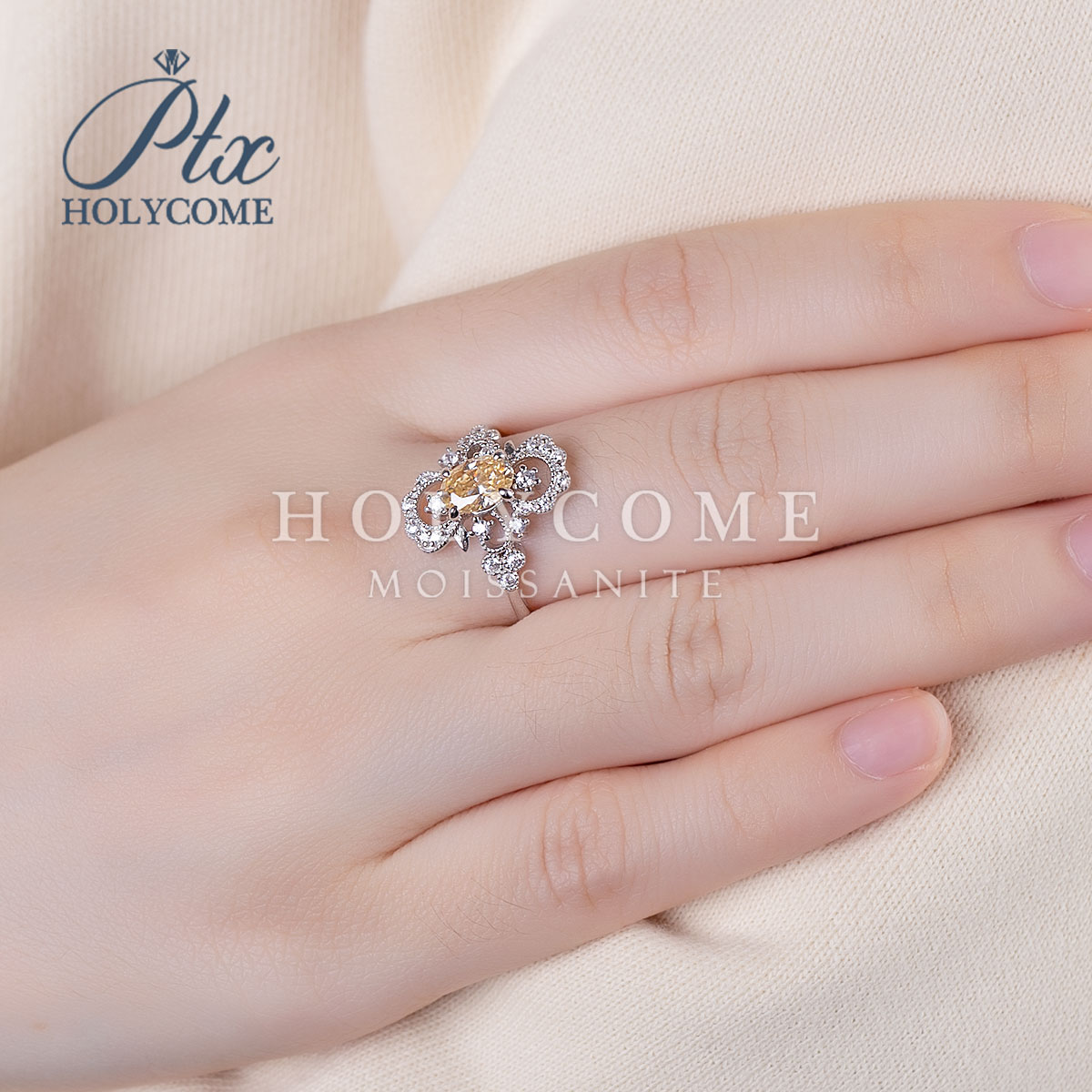 Classic 925 Sterling Silver Finger Rings 18K Gold Plated Champagne Moissanite 1CT Diamond Gift Wedding Party Cluster Ring for Women