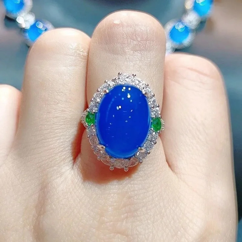 Natural 925 Silver Inlaid with High Ice Emperor Green Jade Ring Green Agate Jade Ring Fashion Exquisite Womens Jewelry Gift 250604