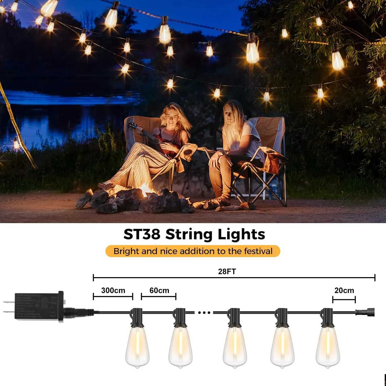 1/2/3pcs 28FT ST38 String Lights Outdoor US Plug 10+1 LED Patio Lights Fairy Garden Lamp For Home Xmas New Year Party HalloweenXJ250606
