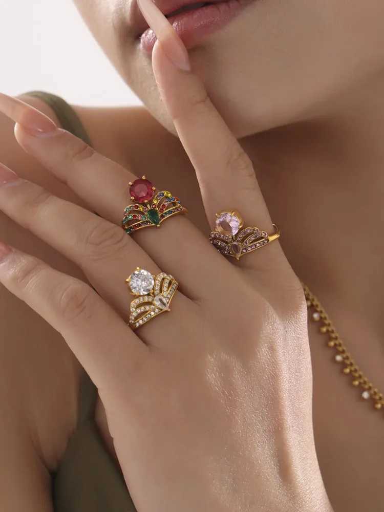Gorgeous Colorful Luxury Zircon Rings For Women Stainless Steel Gold Plated Adjustable Female Ring Charm Jewelry GiftXJ250606
