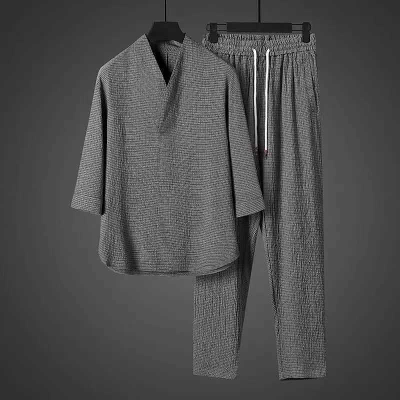 2024 Yaz Yeni Erkek in Tarz Buz pek Vintage Hanfu Tirt ve pantolon seti bol ve nefis rahat iki para set W250609