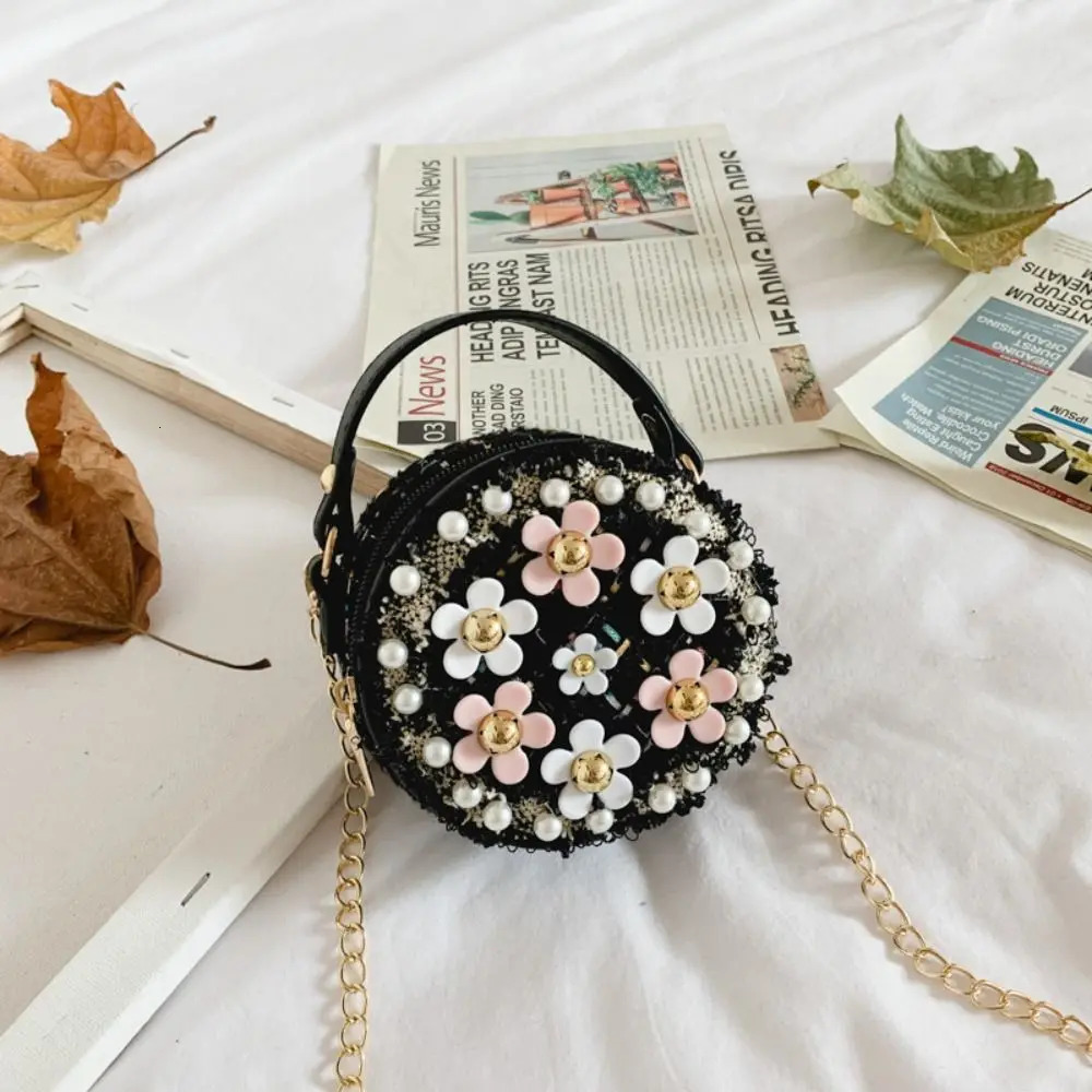 Creative Flower Children Crossbody Bag Metal Chain Mini Shoulder Pearl Fresh Round Princess Handbag Girls 250605