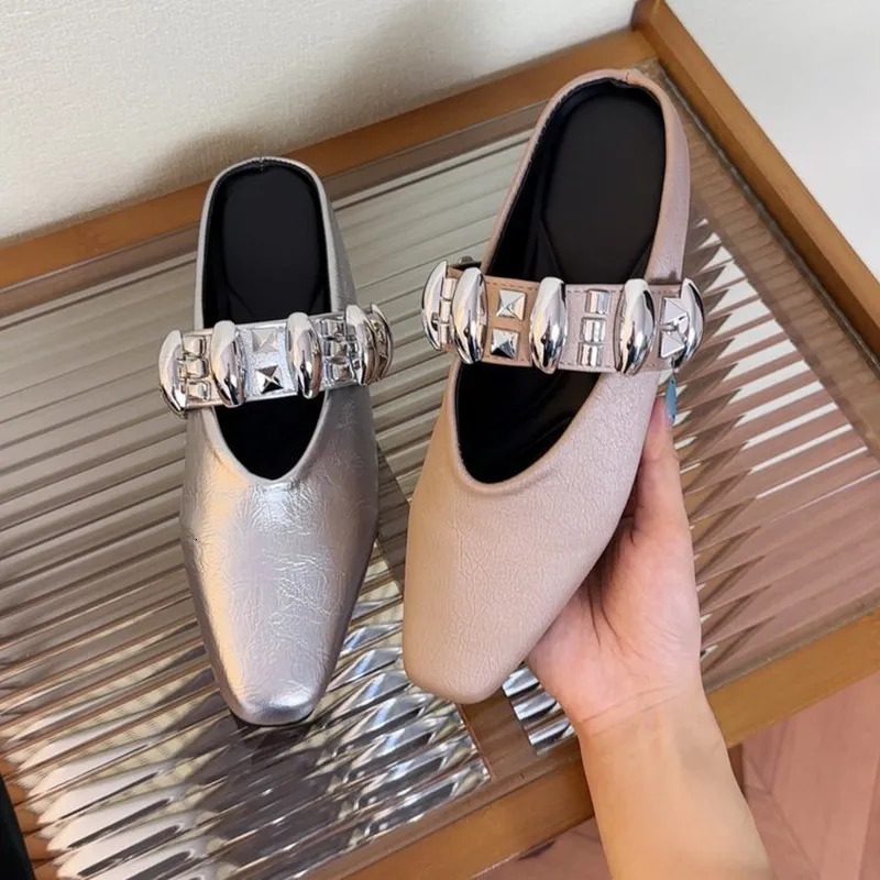 French Temperament Baotou Rivet Shoes Womens One Foot Metal Buckle Square Toe Half Slippers Leather Height Increasing Sandals 250603