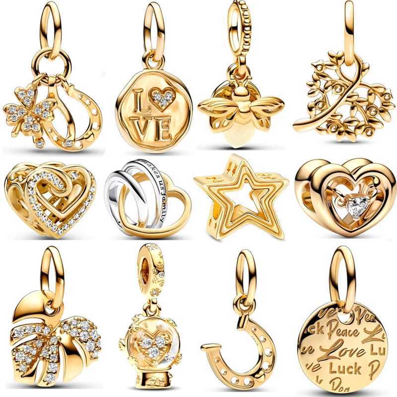 Plated Gold Fit Original Pantaro 925 Silver Sparkling Heart Monstera Luck Tree Firefly Charm Dangle Bracelet Jewelry GiftXJ250607