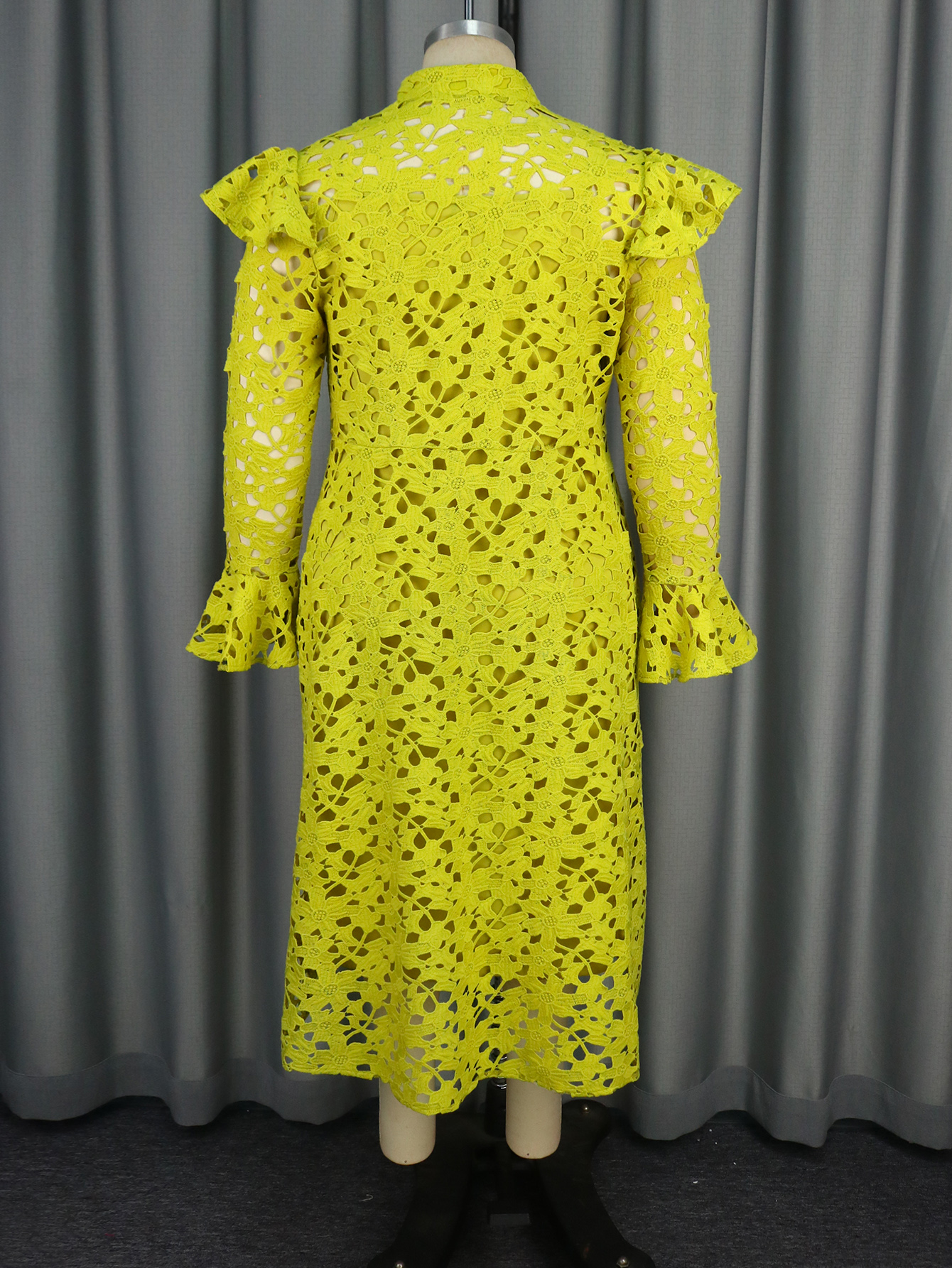 Elegant Women Plus Size Yellow Green Two Piece Sets Cutout Lace Straight Dress Full Trumpet Sleeve Stand Collar Midi Length Daily Wear AM040851SET