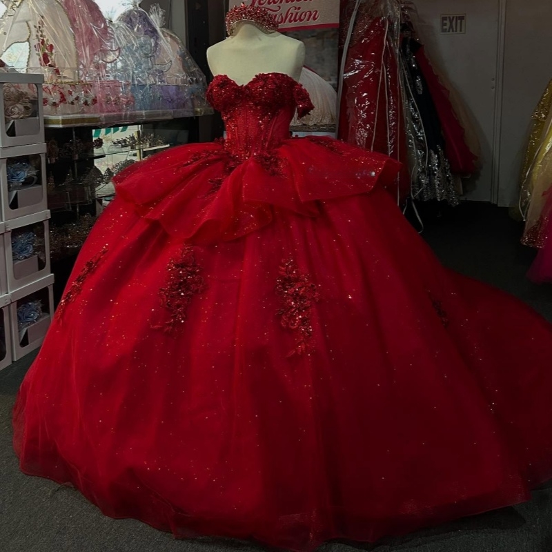 Red Shiny Quinceanera Dresses Ball Gown Off The Shoulder Applique Flower Beads Tull Sweet 16 Dress Vestidos 15 De Anos