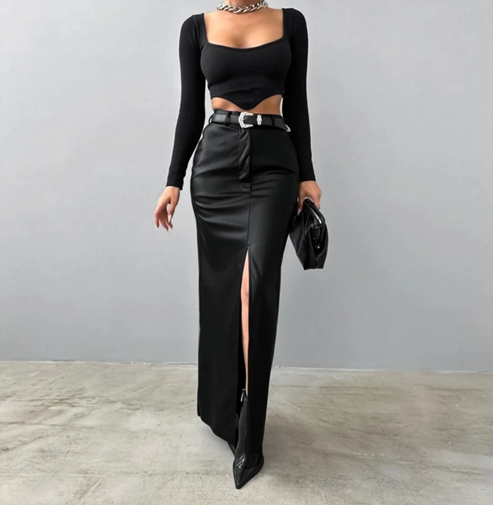 European And American Style Fashionable PU Leather Solid Color Splicing Sense High Waist Slit Slim Fit Long Skirt 250605
