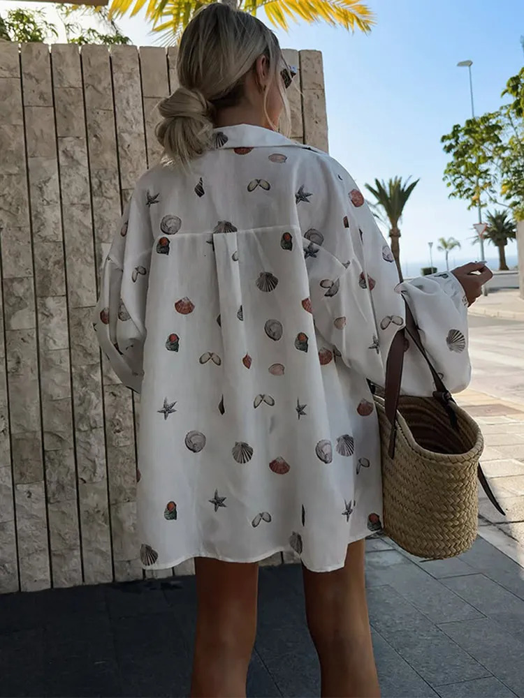 Shell Print Shorts Set Women Loose Lapel Lantern Sleeve Single Breasted Shirt Short Pant 2025 Summer Beach 2 Pieces Lady Outfit 250605