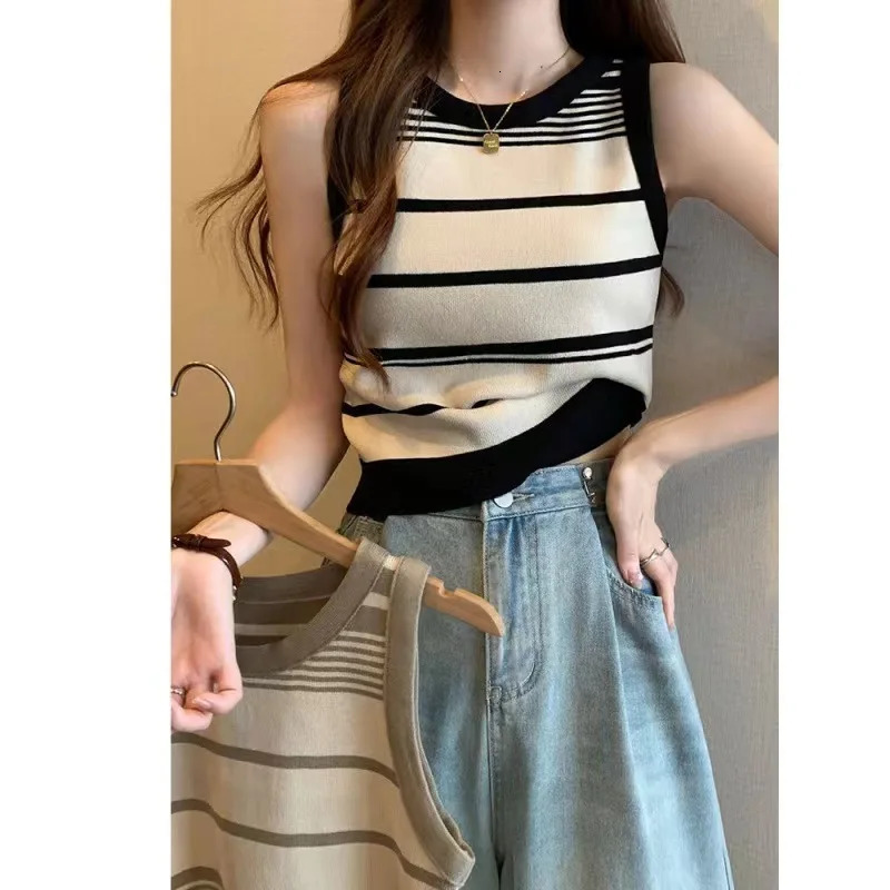 Casual Womens Striped Knitting Sleeveless tanks with Contrasting Gown Tops PinkBlack and White 250527