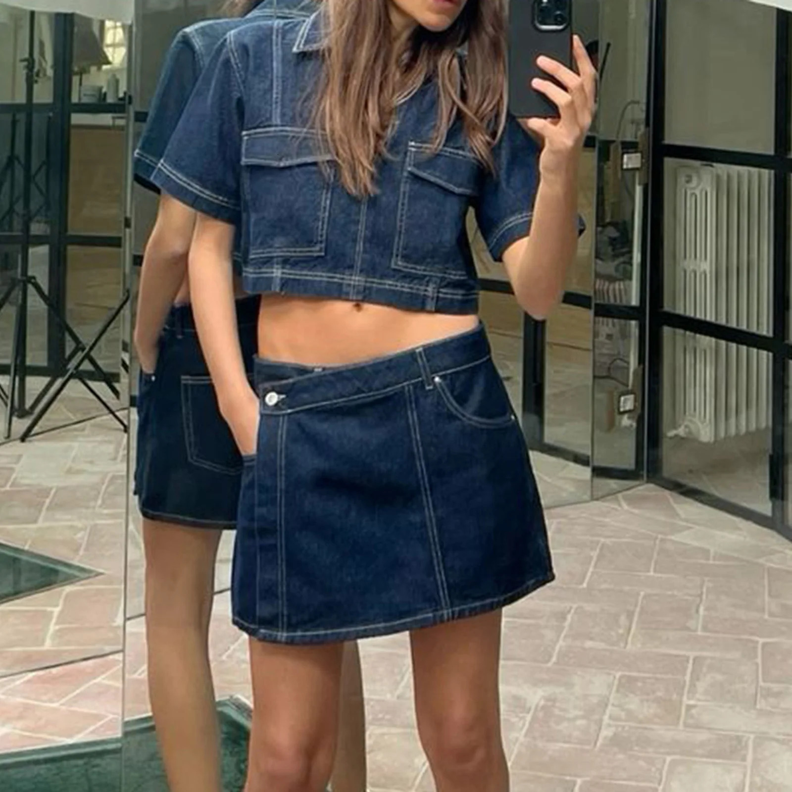 hirigin Chic Women Denim 2 Piece Set V Neck Short Sleeve Jean Tunic Tops Irregular Hem Mini Skirt Shorts Set Y2K Streetwear 250605