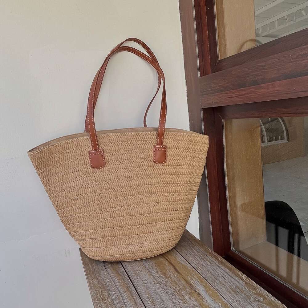 Straw Beach Tote Straw For Women Large Capacity Summer Vacation Beach Bucket Bag Mori Girl Literary Tote Woven Bag Straw Large Tote