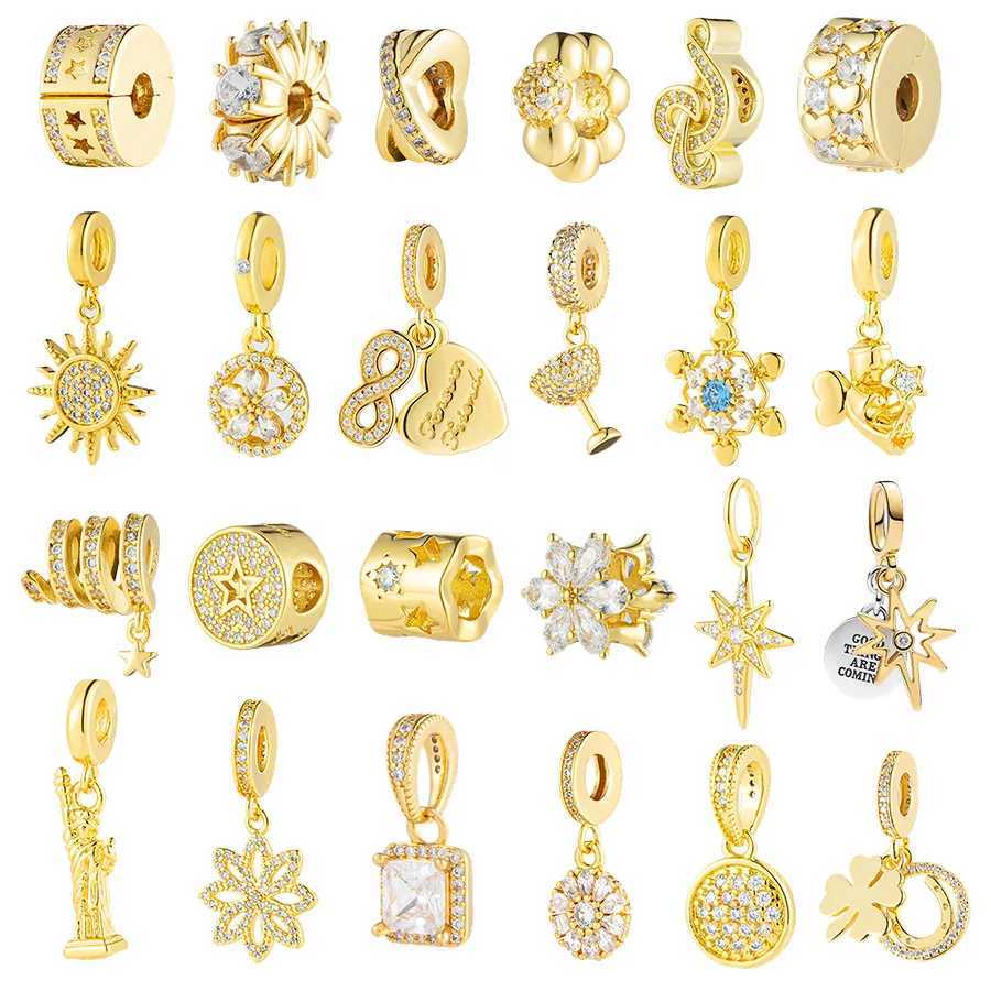 Gold Plated Fashion Jewelry Lucky - C Icy Snowflake Drop Dangle Charm Bead Fit Original Silver 925 Europeans Bracelet XJ250607